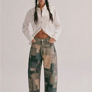 Free People Patchwork Flare Jeans - Blue and Tan